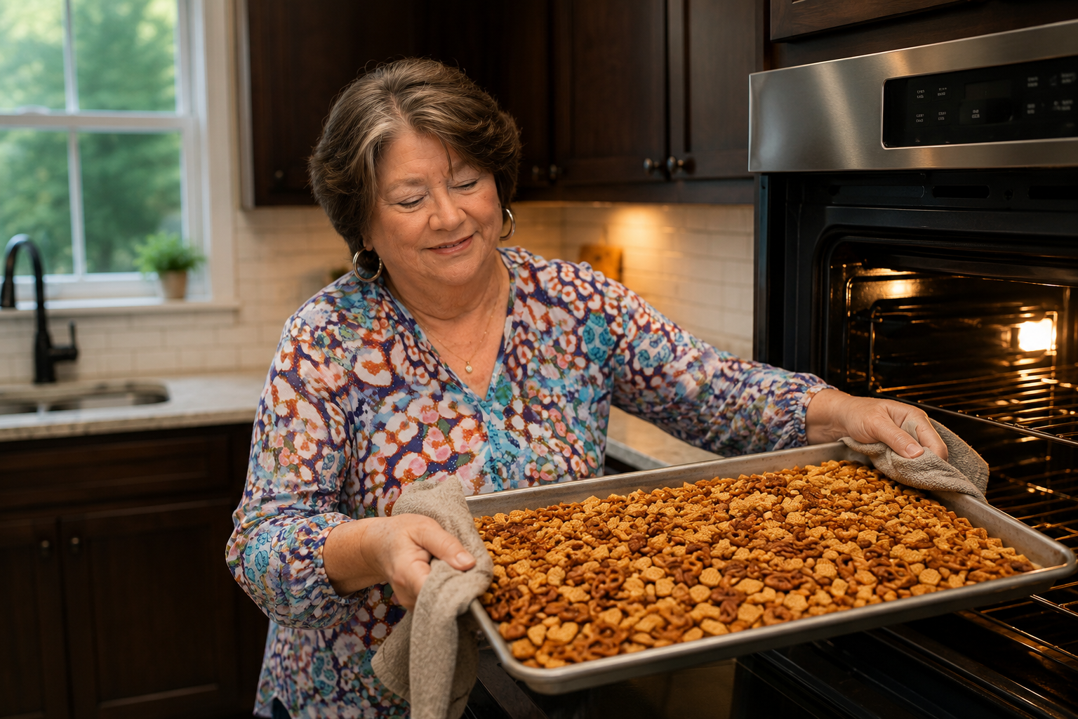 Giggie smiling as she pulls a fresh tray of snack mix from the oven